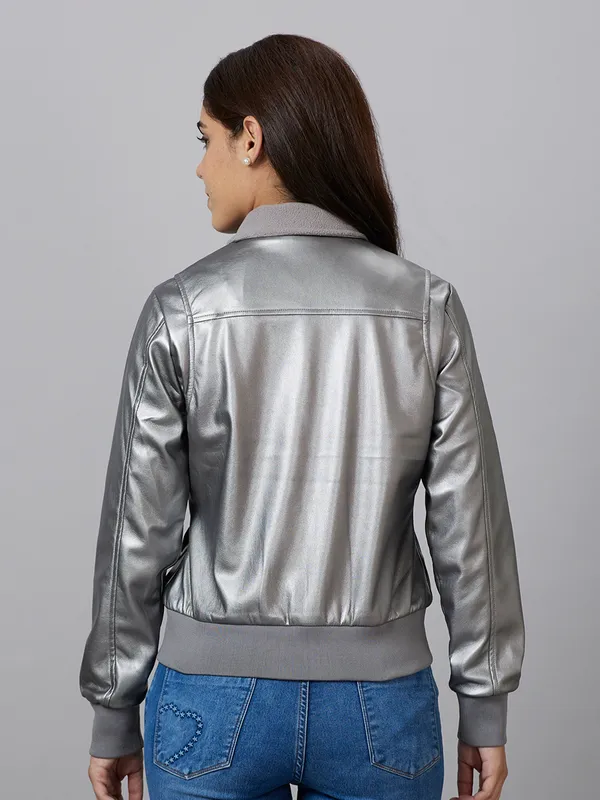 Being Human Bomber Semi  Fit Women Collared Jackets-Gunmetal Silver
